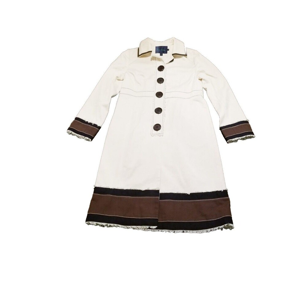 Boden Trench Coat Women's Size 10 Cream Ivory Brown Black Stripe Trim Cotton